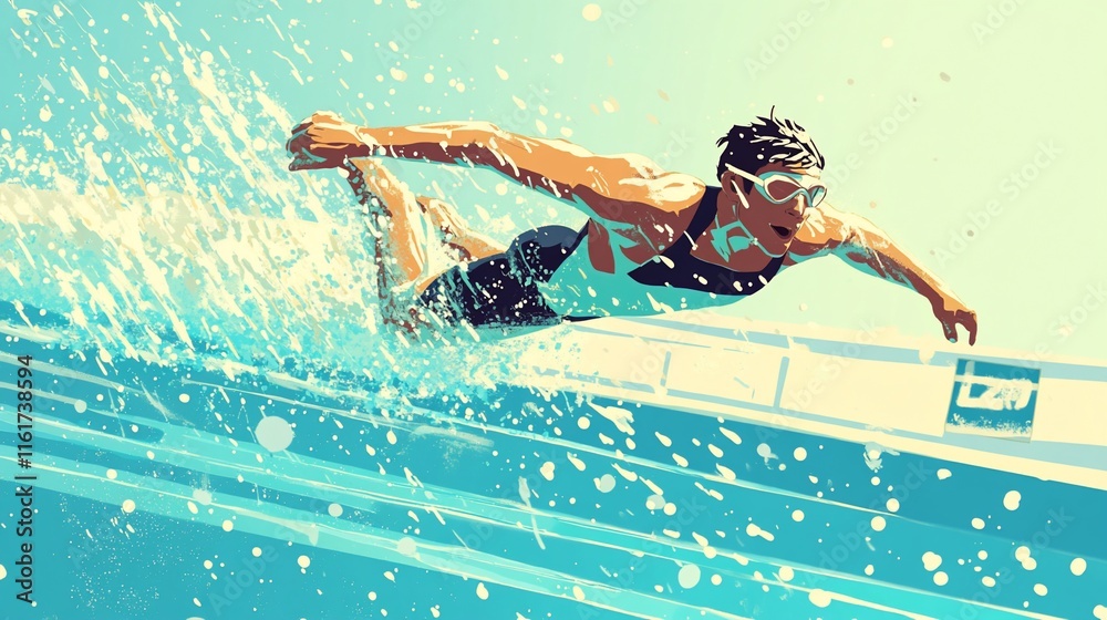 Aufkleber a female swimmer glides through turquoise water, creating a wake of spray. dynamic illustration of a