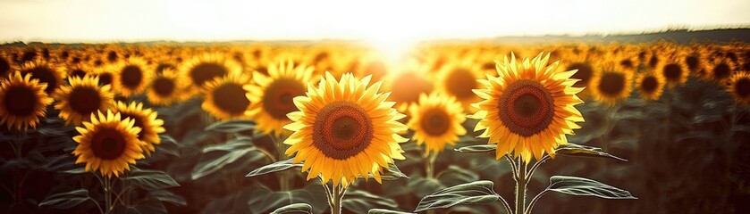 Obraz premium A vibrant field of sunflowers under a golden sunset, showcasing nature's beauty.
