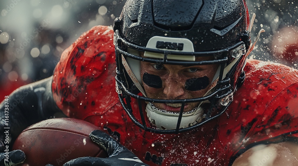 Poster close-up of a determined american football player in action, covered in rain and snow.