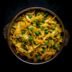 Indian dish Aloo Gobhi Matar - cabbage with peas in a copper bowl on black background view on top, generative AI