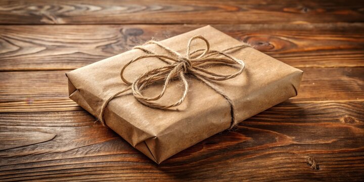 A brown paper parcel tied with a natural fiber string, partially opened revealing its contents, sitting on a wooden workbench, earthy, brown paper parcel