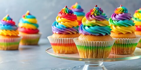 A stack of colorful birthday cupcakes with rainbow frosting and sprinkles in a decorative glass case, happy birthday, sweet treats