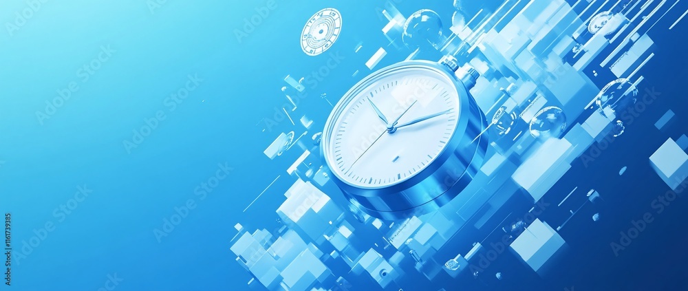 Aufkleber abstract clock surrounded by blue geometric shapes, representing time management and efficiency.