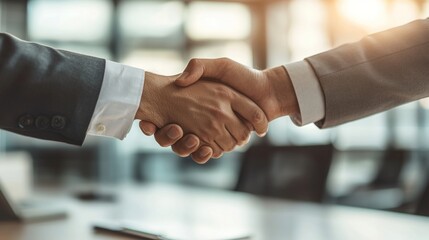 A close-up of two business professionals shaking hands, sealing a deal in a corporate office
