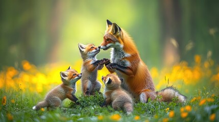 Obraz premium A mother fox interacts playfully with her three adorable kits in a vibrant, flower-filled meadow.