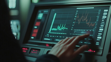 The scene shows a clean, modern screen with minimalist line or bar chart with upward trend on the screen, The person’s hand hovers over the screen,  