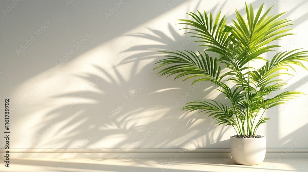 Poster sunlight streams through a window onto a potted palm plant casting shadows on a white wall.