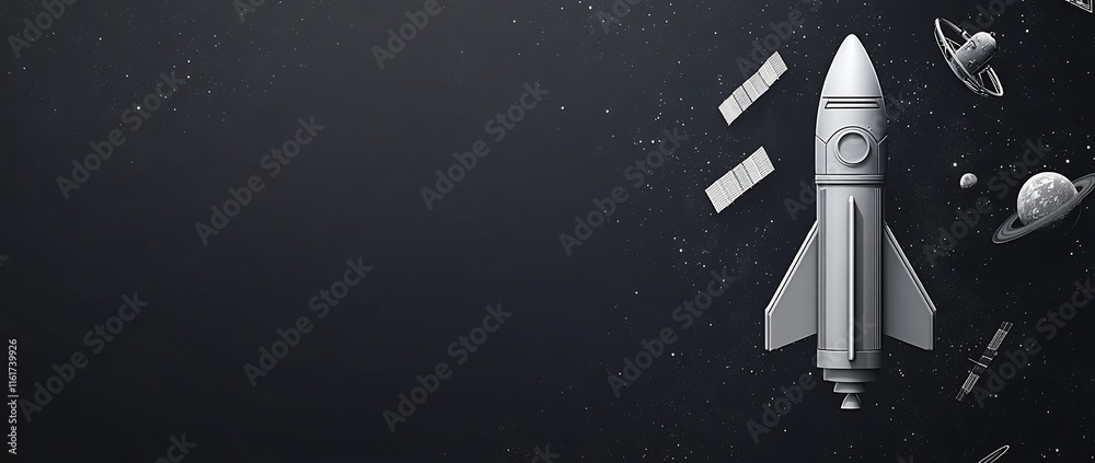 Poster rocket launching into space with satellites and planets.