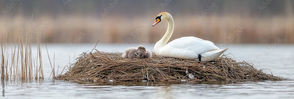 Poster mute swan protecting its cygnet on a nest in a lake.