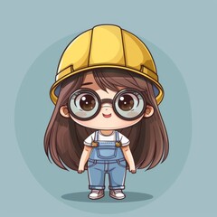 Fototapeta premium Cute cartoon girl in overalls and hard hat, female construction worker illustration