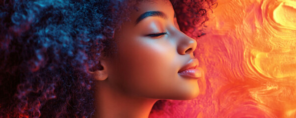 Obraz premium A serene young woman with curly hair, set against a vibrant mural, perfect for promoting mental health awareness in workshops and community events.