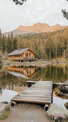 Naklejka premium Mountain Cabin Lake Reflection Serenity Wooden Dock