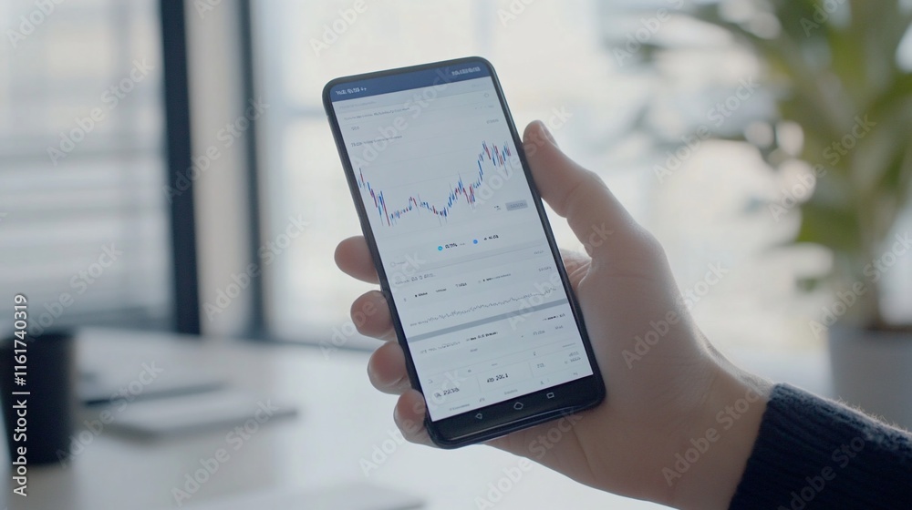 Poster close-up of hand holding smartphone displaying stock market graph.