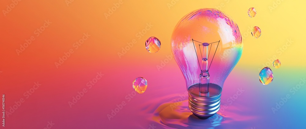 Poster colorful lightbulb with iridescent droplets on a vibrant gradient background.