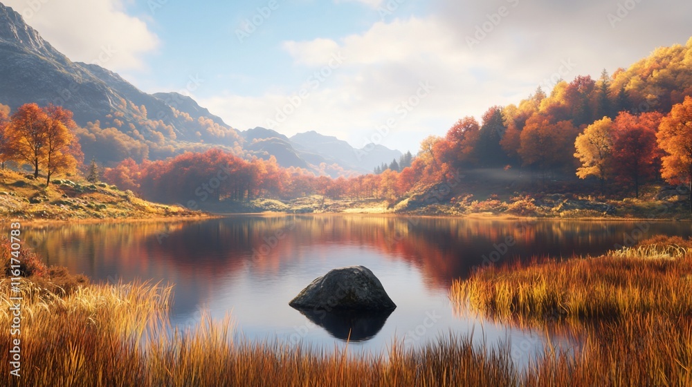 Poster serene autumnal lake reflecting colorful trees and mountains under a clear sky.