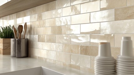 Stylish kitchen countertop with modern tiles and utensils.