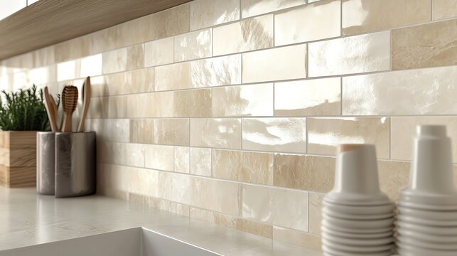 Stylish kitchen countertop with modern tiles and utensils.