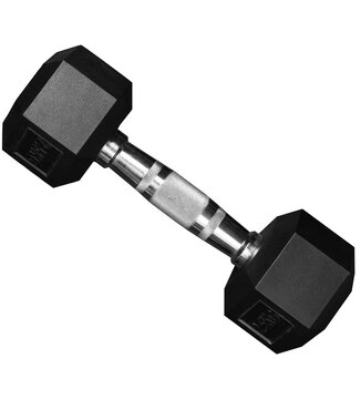 Mancuerna hexagonal de gimnasio negra con agarradera de metal sobre fondo transparente