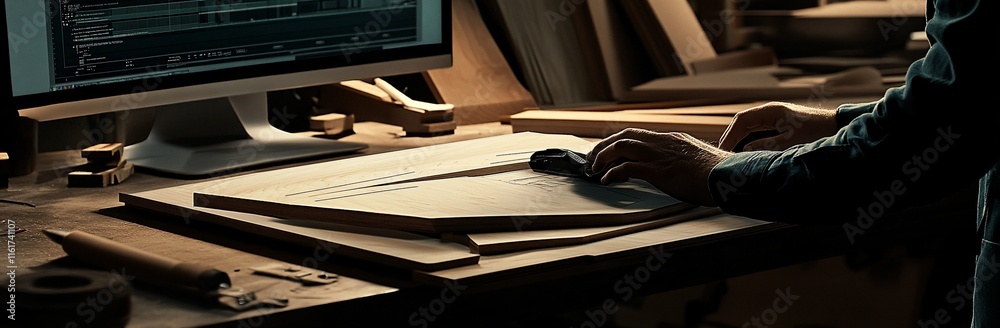 Poster craftsman's hands working on wooden project using computer design.
