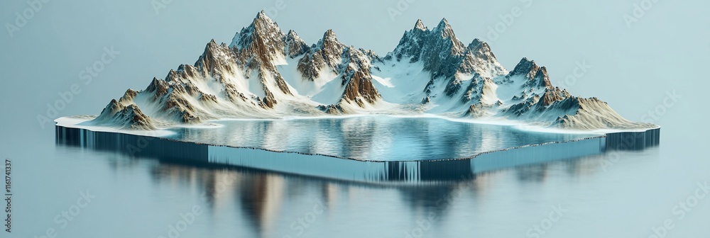 Aufkleber isolated snowy mountain range on a floating island reflected in calm water.