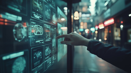  The scene shows a clean, modern screen with the transparent maps on the transparent screen , The person’s hand hovers over the screen, the background was outdoor or urban environment