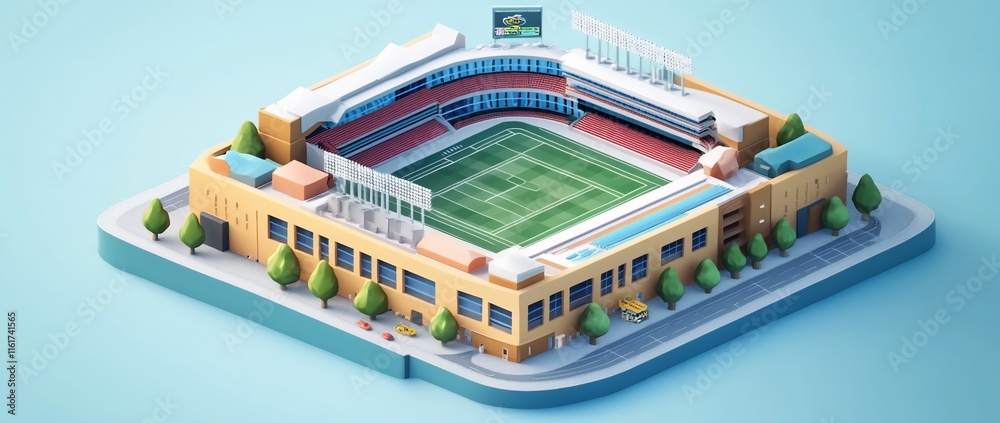 Aufkleber isometric view of a stadium with surrounding buildings and trees.