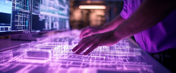 A person interacts with a futuristic holographic interface for design or analysis.