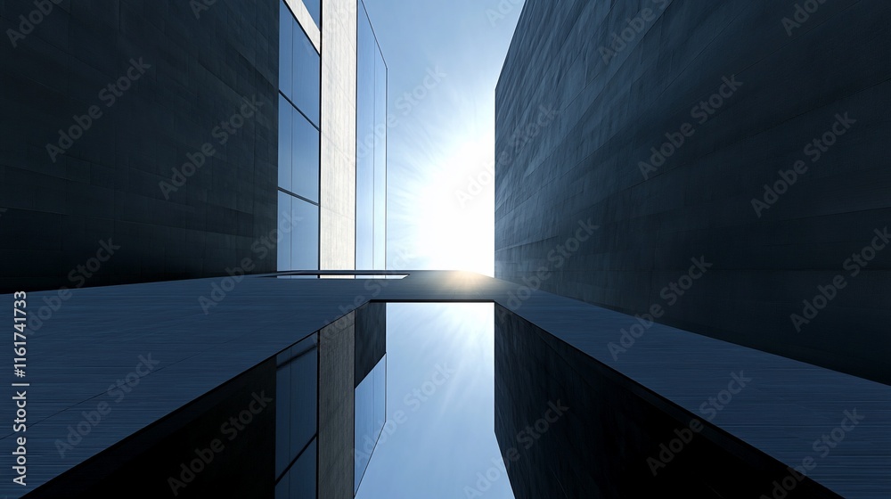 Poster modern architecture, sunlit minimalist concrete alleyway with reflective water feature.