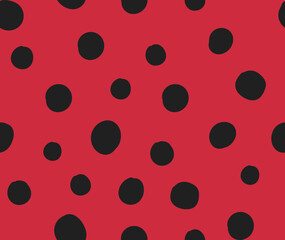 Seamless vector repeat pattern with black hand drawn dots on red, ladybug ladybird texture. Simple versatile backdrop for festive dramatic holiday packaging and more.
