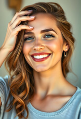 Fototapeta premium Smiling millennial european lady touching hair, enjoy beauty care, digital art, with white tones