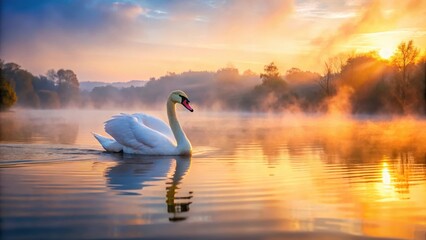 Fototapeta premium A majestic swan floats serenely on a serene lake at dawn, surrounded by misty morning fog and vibrant hues of sunrise colors
