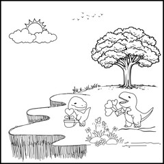 Printable coloring page for Valentine's day with cute Dino character. Coloring book activity. Happy Valentine. Outline illustration.