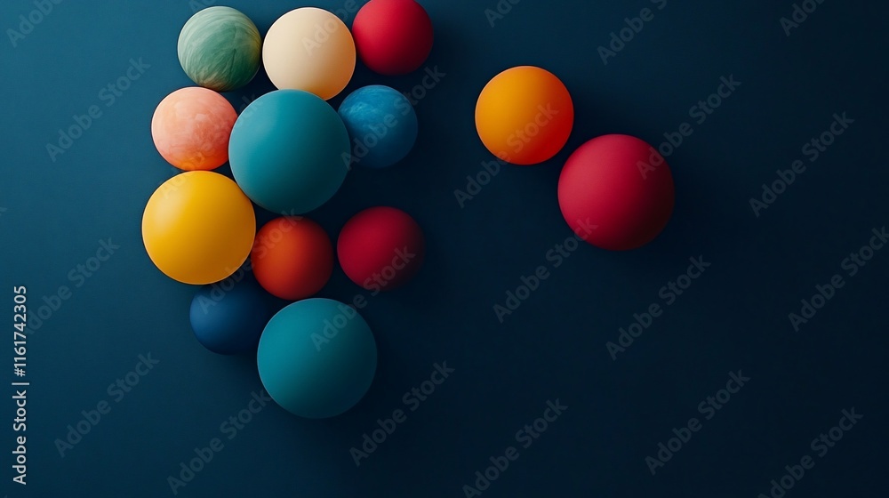 Poster colorful spheres arranged on a dark blue background, creating a vibrant and abstract composition.