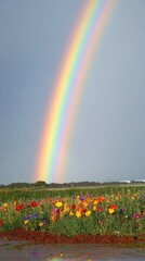 Naklejka premium A vibrant rainbow arcs over a field of colorful flowers beneath a cloudy sky.