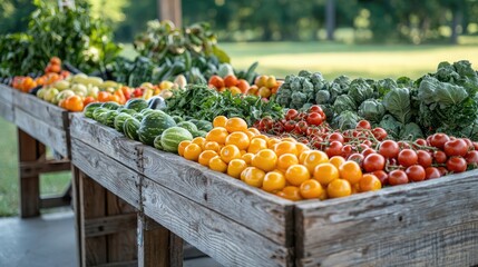 Fresh Organic Vegetables Displayed on Rustic Wooden Tables at a Farmers Market on a Sunny Day