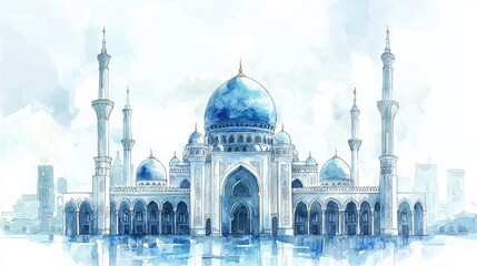 Obraz premium Stunning Watercolor Illustration of a Grand Mosque with Blue Domes and Minarets in an Urban Setting