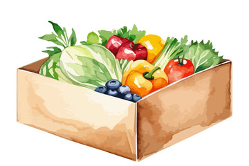 Watercolor hand drawn painting of a paper box with fresh fruits and vegetable: apple, paprika, green salad, tomato, orange, blueberry. Vector illustration isolated on white background. Healthy concept