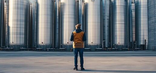 A person stands before large industrial storage tanks in a factory setting.