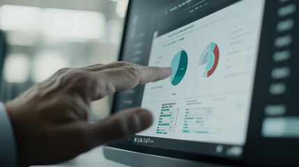 The scene shows a clean, modern screen with minimalist pie chart on the screen, The person’s hand hovers over the screen,  