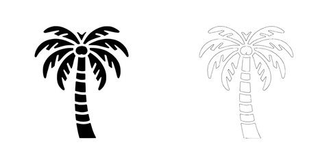 Tropical Palm Tree Icon Illustration - Vector Set: Two stylish palm tree illustrations in solid black and line art styles. Perfect for adding a touch of the tropics to your design projects, websites.