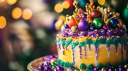 A vibrant king cake centerpiece decorated with beads and festive ornaments, captured during a lively celebration