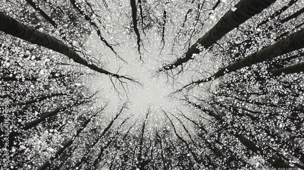 Poster low-angle view of snow falling in a forest, trees converge upwards towards a bright sky.