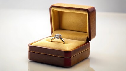 Luxurious gold jewelry box with diamond ring and velvet interior