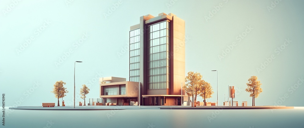 Poster Modern building architectural model with trees and benches.