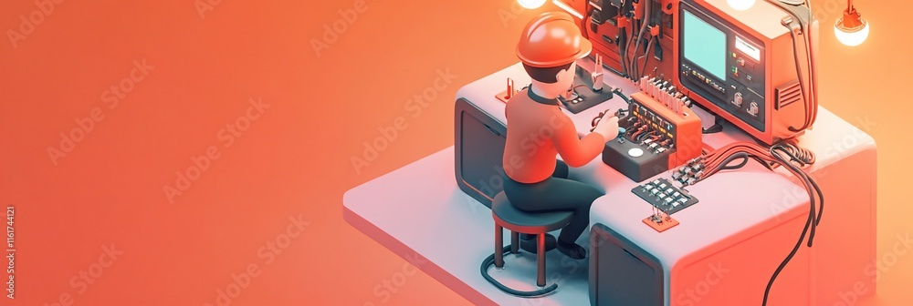 Fototapete technician working on complex machinery in isometric view.