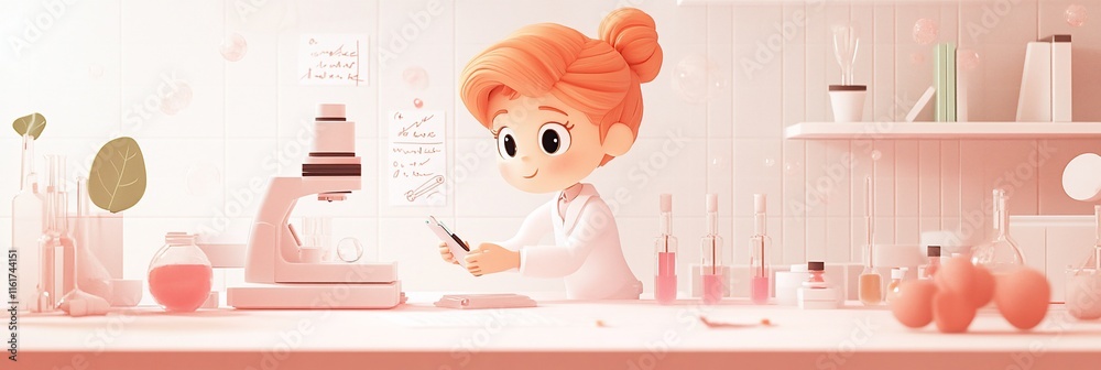 Poster cute cartoon scientist girl working in a lab with a microscope and test tubes.
