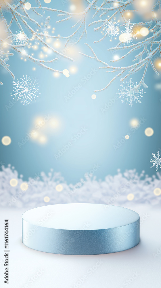 Poster light blue podium displaying products on winter background with snowflakes and branches