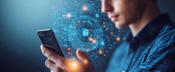A person using a smartphone with digital security graphics overlay.