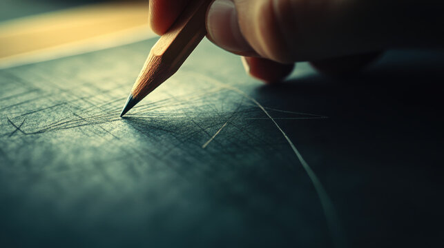 A close-up of a hand sketching an abstract geometric shape, sharp and angular lines with bold contrasts, the pencil's tip emphasized against the textured paper - Powered by Adobe