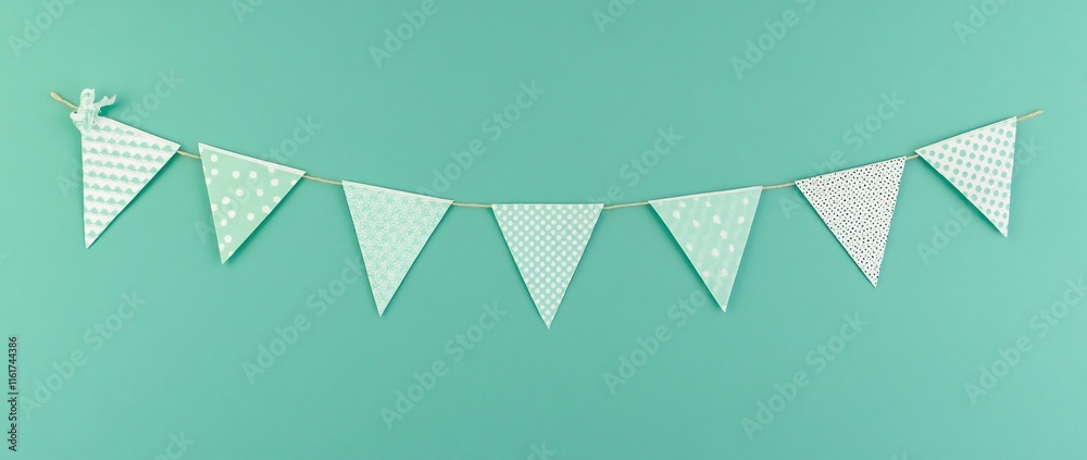 Poster mint green patterned triangle bunting hanging on a teal background.